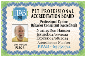 Don Hanson Pet Professional Accreditation Board Certificate